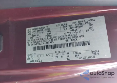 2003 Ford E-250 Commercial из США, поврежденный, VIN 1FTNE242X3HB66983